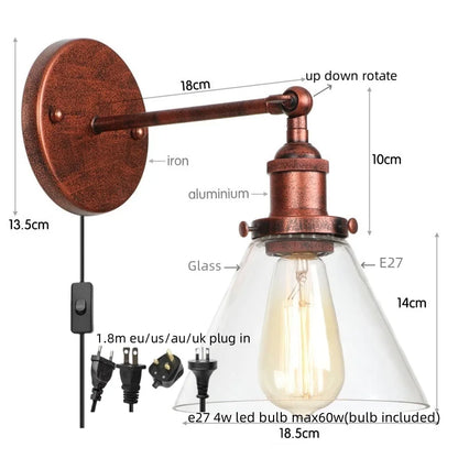 Decorbites™ Klares Glas Eisen LED Wandlampe Rustikales Industrielles Vintage Steckdosensleuchte