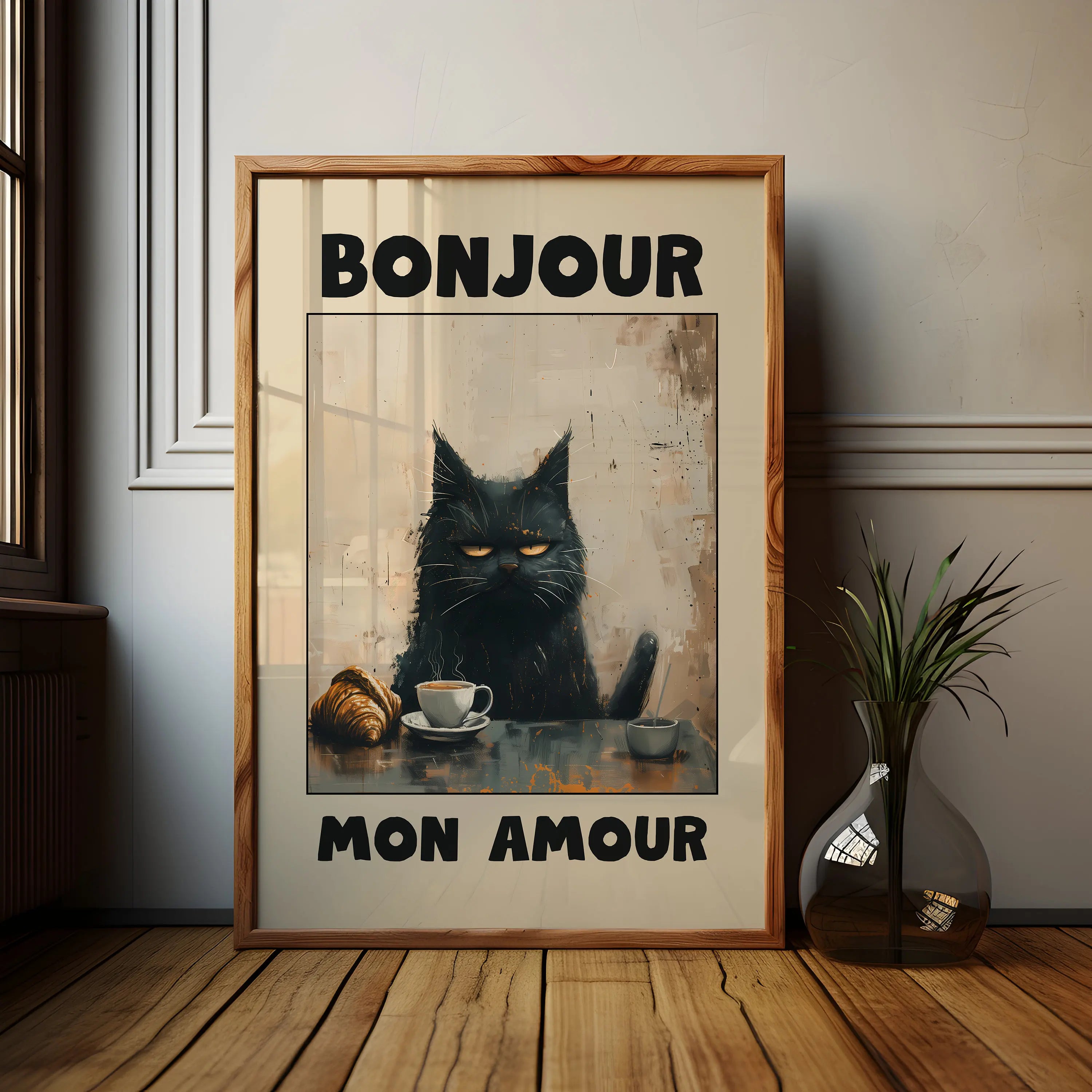 1pc Frameless Black Cat Breakfast Art Poster Retro Style Bonjour Canvas Painting for Dining Room or Bedroom Wall  Art Decoration
