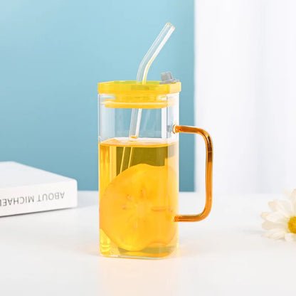 Decorbites™ Glas-Trinkbecher mit Trinkhalm und Acryl-Deckel, farbiger Griff für Getränke