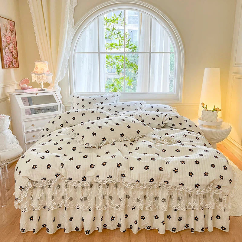 Decorbites™ Französische Spitzen-Volants-Seersucker-Bettset: 4-Tlg. Prinzessinnen-Bettwäsche Quiltbezug