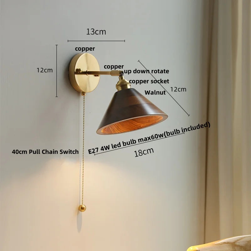 Decorbites™ LED Wandleuchte aus Walnussholz mit Zugschalter Moderner japanischer Stil Spiegelleuchte