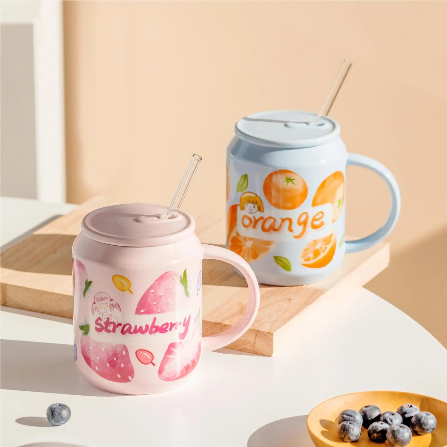 Decorbites™ Fruchtform Keramikbecher mit Deckel und Trinkhalm, niedliches koreanisches Design