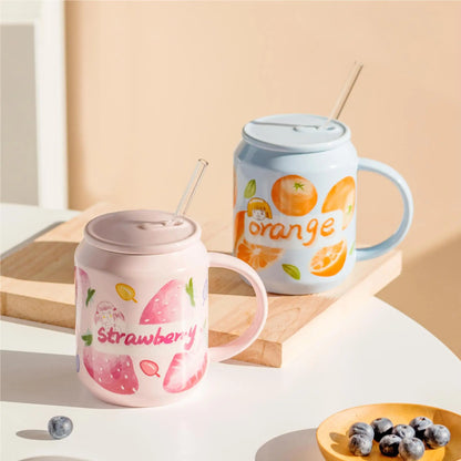 Decorbites™ Fruchtform Keramikbecher mit Deckel und Trinkhalm, niedliches koreanisches Design