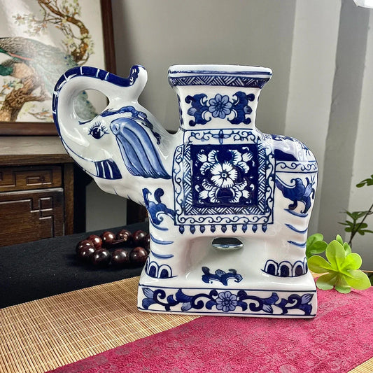 Decorbites™ Elefantenstatue, blaues und weißes Keramik-Tischaccessoire, Wohnraumdekoration