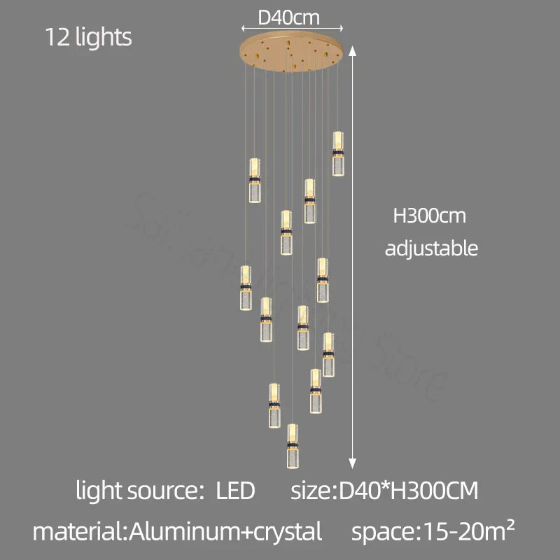 DecorBites™ Crystal Columnar Chandelier Stair Light for Home, Restaurant, Bar, and Villa