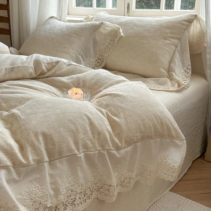 Decorbites™ Jacquard-Leinen-Baumwoll-Bettwäsche-Set mit Rüschen und französischer Spitze in natürlichem Hautton