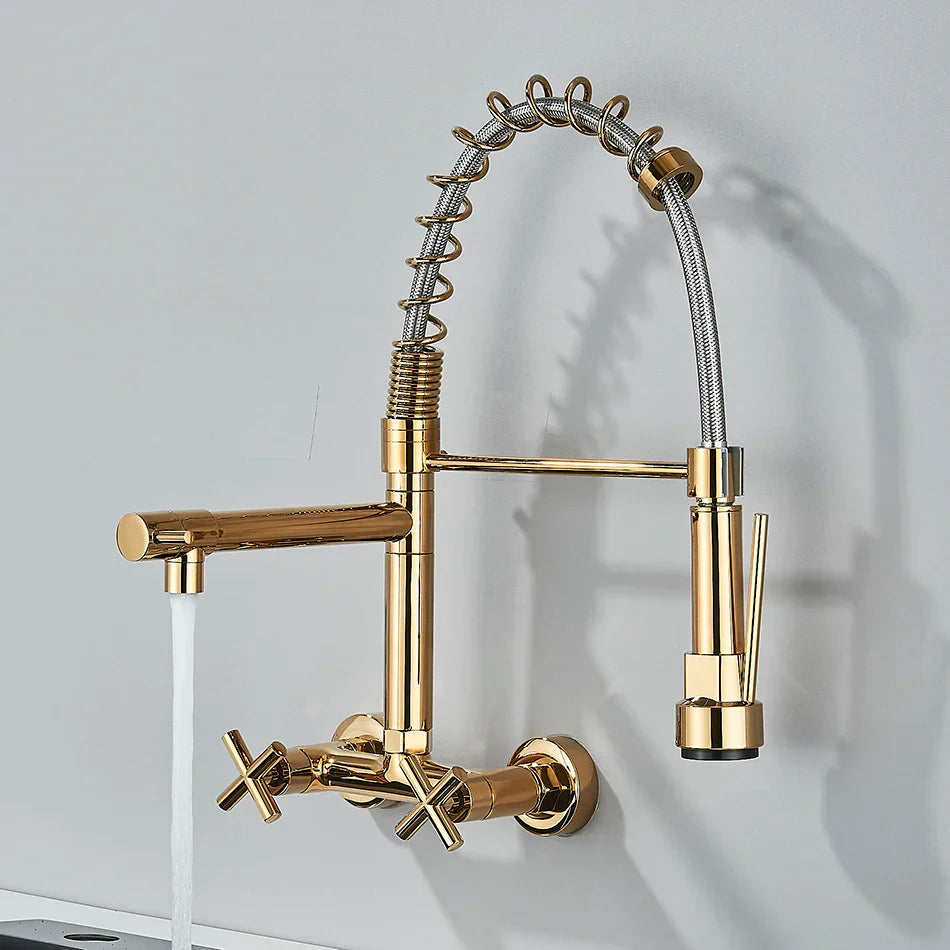 Gold Black Wall Faucet With Dual Swivel Spouts