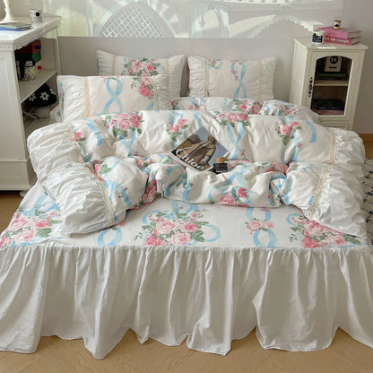 Decorbites™ Koreanische Prinzessinnen-Blumen-Bettwäsche-Set - Bettbezug, Bettrock, Kissenbezüge