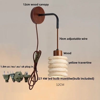 DecorBites™ LED Wall Lamp Pull Chain Switch Wood Nordic Modern Yellow Travertine Mirror Light