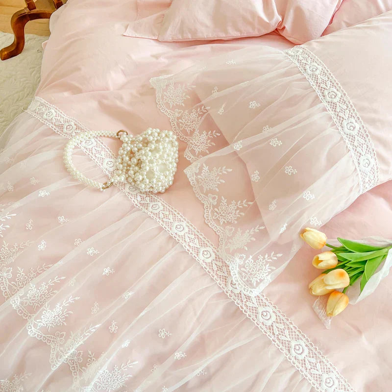 Decorbites™ Französische Prinzessin-Spitzen-Volants-Bettwäsche-Set, 100% Baumwolle, Pink Romantisches Thema