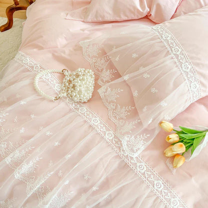 Decorbites™ Französische Prinzessin-Spitzen-Volants-Bettwäsche-Set, 100% Baumwolle, Pink Romantisches Thema