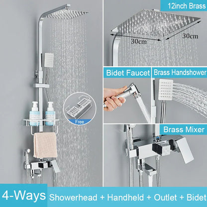 Decorbites™ Schwarzes Messing-Duscharmatur-Set Regendusche Badewannenarmatur mit Badezimmerregal