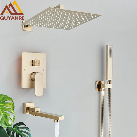 Quyanre Brushed Gold Shower Faucets Set Bathroom Wall Mounted Shower System Embedded Box Shower Mixer Tap Rainfall Shower Faucet