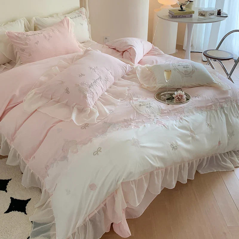DecorBites™ 4Pcs Flowers Embroidery Princess Queen Bedding Set with Lace Ruffles