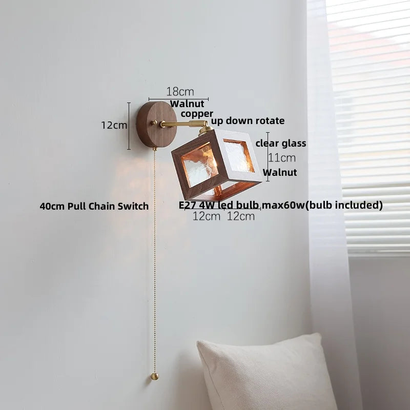DecorBites™ LED Walnut Wood Wall Light Fixture Clear Glass Sconce Bedside Lamp