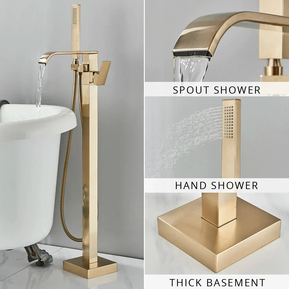 Gold Waterfall Bathtub Faucet Floor-Standing