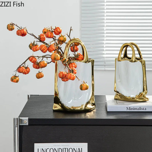 Decorbites™ Goldene Handtaschen-Keramikvase für atemberaubende Blumenarrangements