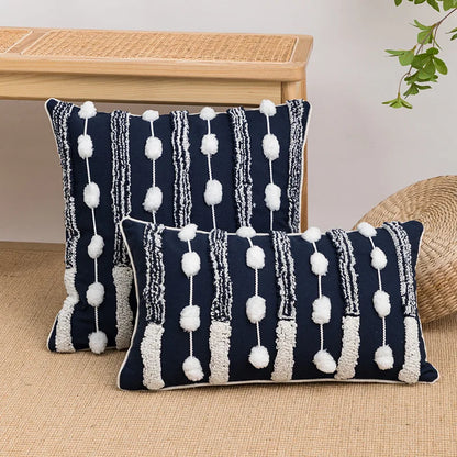 DecorBites™ Geometric Embroidered Cushion Cover with Tufted Tassels for Sofa and Bedroom