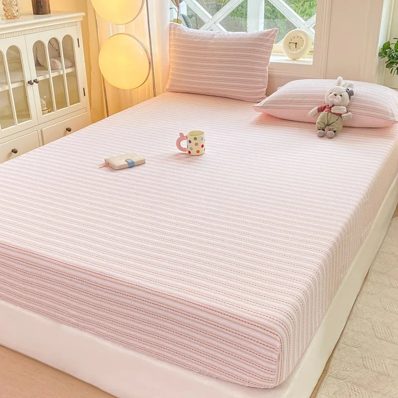 DecorBites™ Cotton Jacquard Fitted Sheet Set with 2 Pillowcases, Dustproof & Anti-Slip