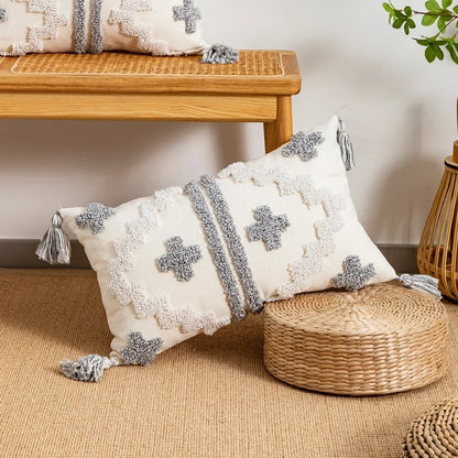 DecorBites™ Geometric Tufted Tassel Cushion Cover White Grey Bohemian Decor Pillow Cover