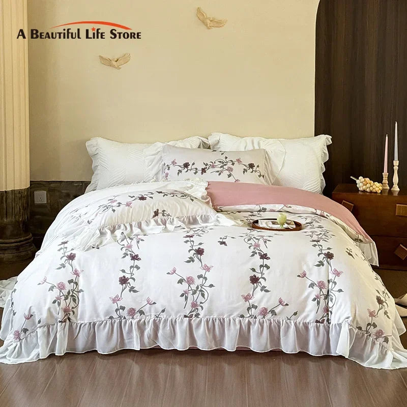 Decorbites™ Spitzen-Volants-Prinzessin-Baumwoll-Bettwäsche-Set, Blumen-Quiltbezug, Mädchen-Hochzeits-Heimtextilien