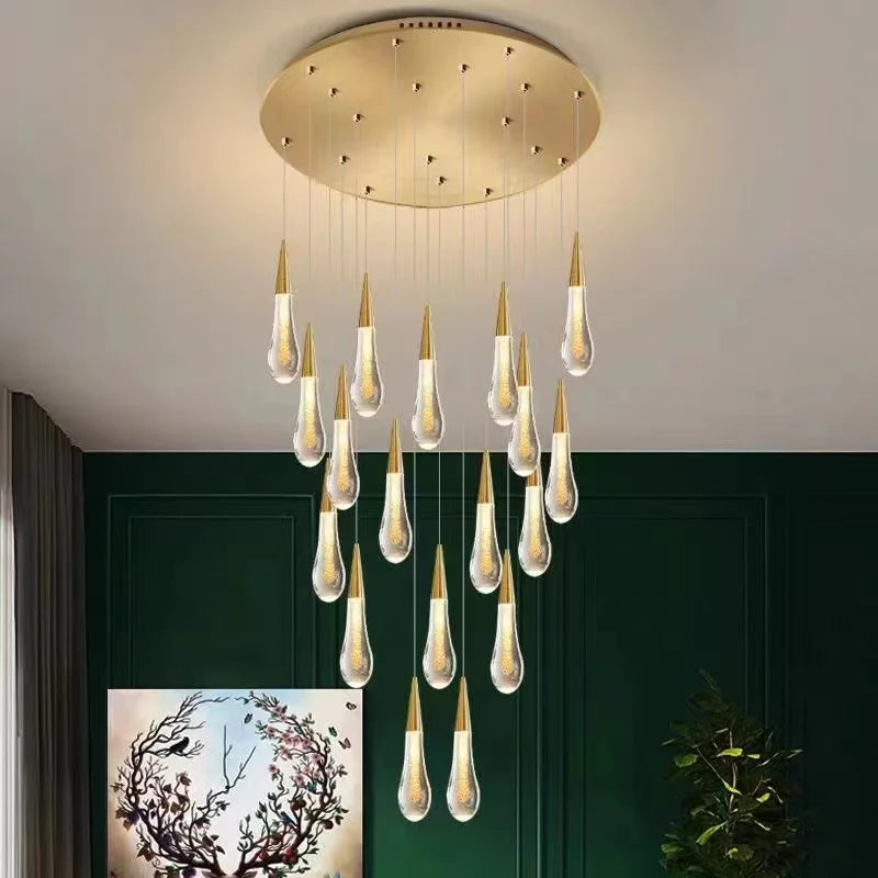 DecorBites™ Gold Drop Design LED Crystal Chandelier for Staircase & Lobby