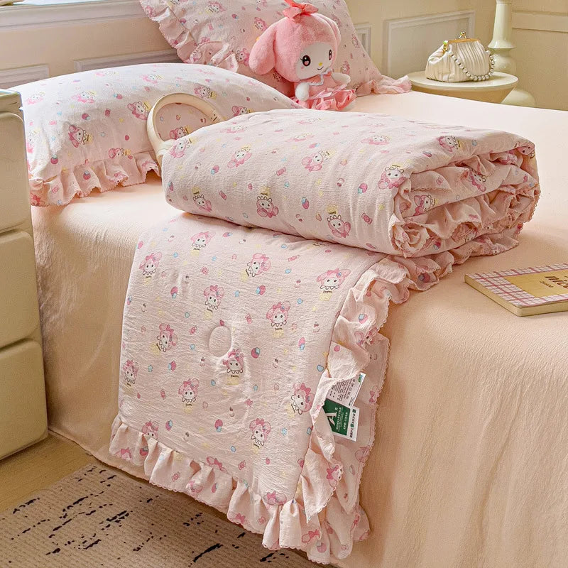 Decorbites™ Koreanische Baumwoll-Patchwork-Decke mit Spitze und Rüsche für den Sommer