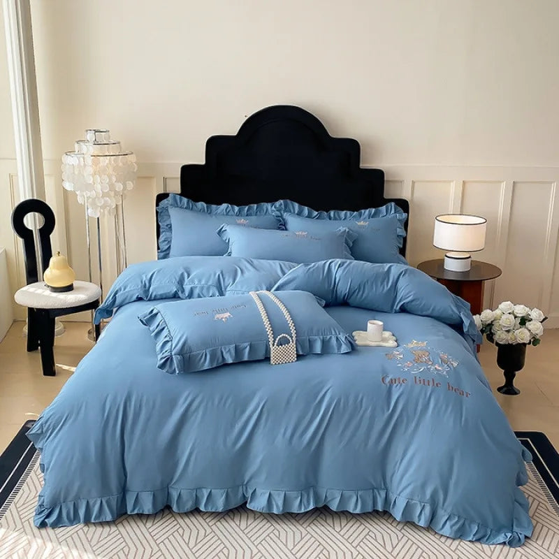 DecorBites™ French Embroidered Cotton Bed Skirt Set with Ruffled Edges