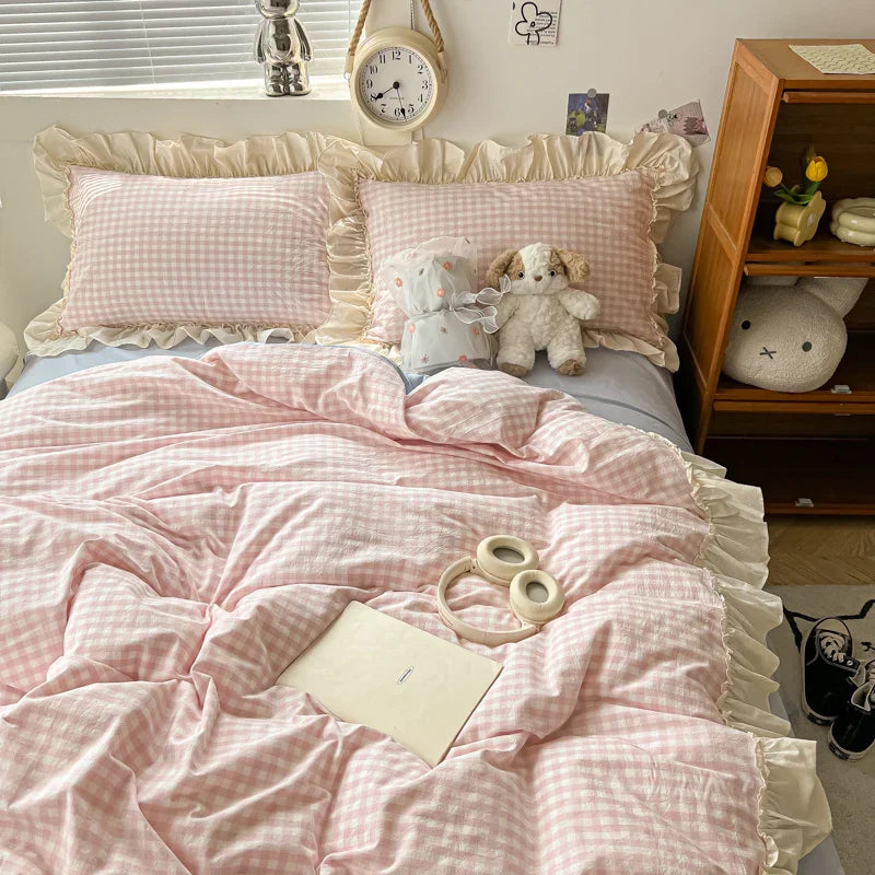 Decorbites™ Koreanische Prinzessinnen-Stil Baumwoll-Bettwäsche-Set mit Rüschen und Spitze
