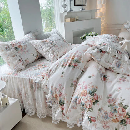 DecorBites™ French Floral Print Bedding Set: Duvet Cover, Lace Ruffles, Quilted Embroidery, Pillowcases