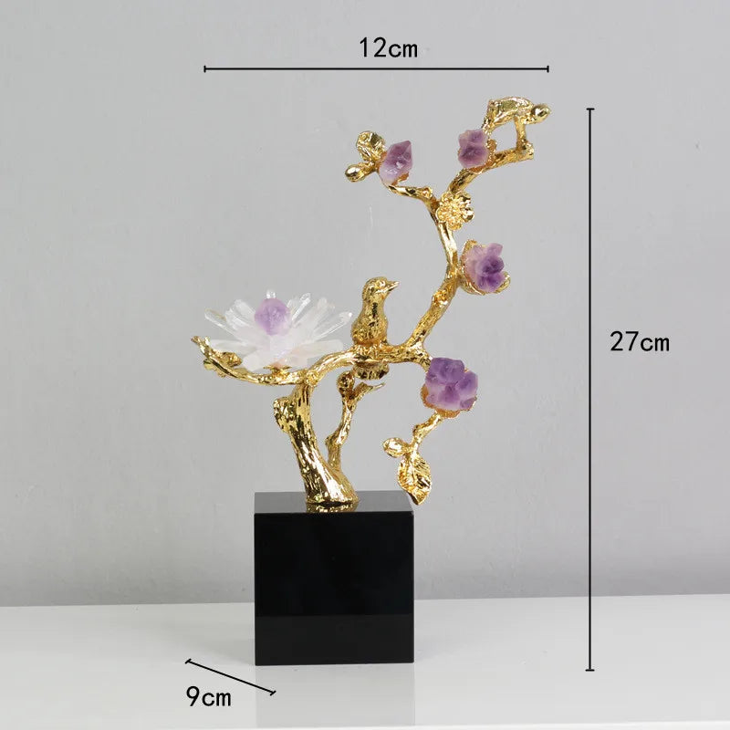 Decorbites™ Goldener Baum Kristallblüte Messing Amethyst Dekoration mit Goldenen Vogel-Figuren