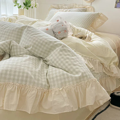 Decorbites™ Koreanische Prinzessinnen-Stil Baumwoll-Bettwäsche-Set mit Rüschen und Spitze