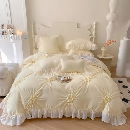 Decorbites™ Spitzen-Prinzessin-Bettwäsche-Set: Romantische Rüschen & Schleifen-Duvetbezug, Laken, Kissenbezüge