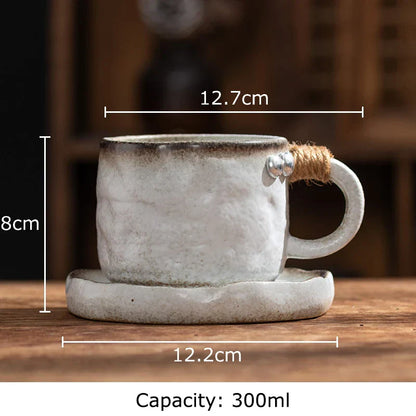 DecorBites™ Coarse Pottery Cup & Saucer Set - Classical Mugs for Dining Table or Coffee