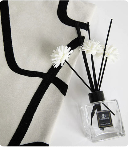DecorBites™ Geometric Line Embroidered Pillowcase in Black White Beige Suede Canvas