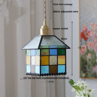 Decorbites™ Bunte Glas-Magisches-Würfel-LED-Hängeleuchte Tiffany-Stil Holz-Hänge-Lampe