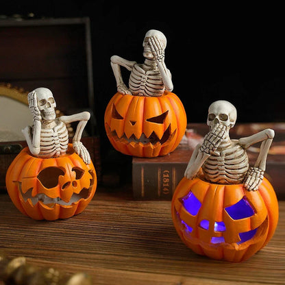DecorBites™ Halloween Skull Pumpkin Skeleton Sculpture Resin Home Decor Statuette