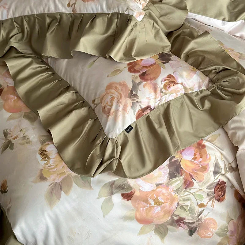 Decorbites™ Französisches Vintage Rüschen-Bettwäsche-Set aus ägyptischer Baumwolle mit Blumenmustern