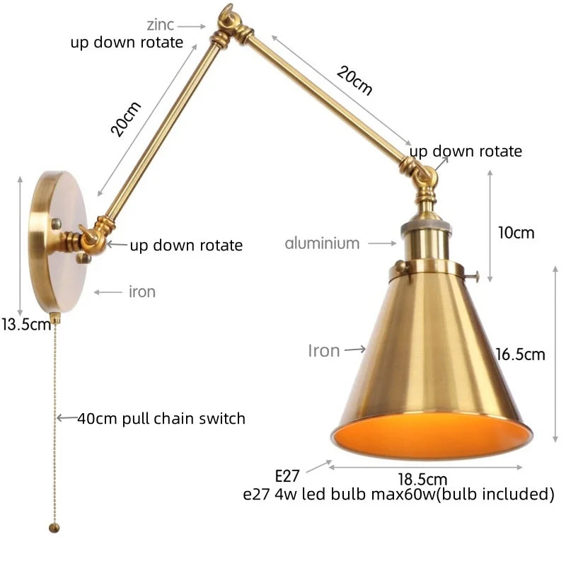 DecorBites™ LED Long Arm Wall Lamp with Pull Chain Switch for Home Hotel Bathroom