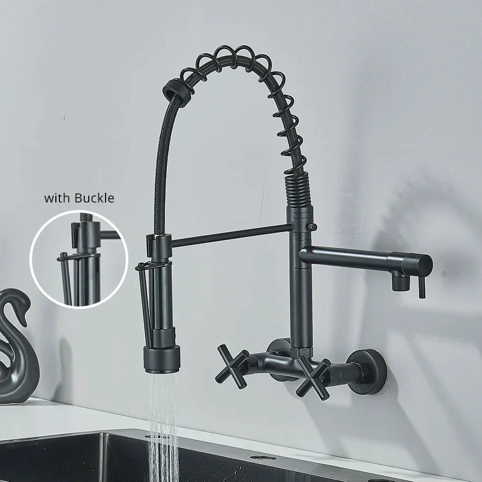 Gold Black Wall Faucet With Dual Swivel Spouts