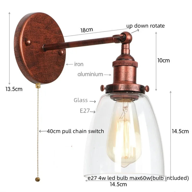 Decorbites™ LED-Wandleuchte mit Zugschalter Industrie-Stil Vintage-Schlafzimmerlampe