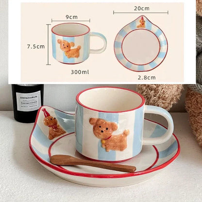 Decorbites™ Kawaii-Tier Keramik-Trinkgeschirr-Set: Kaffeetasse, Dessertteller, süßer Hund-Becher
