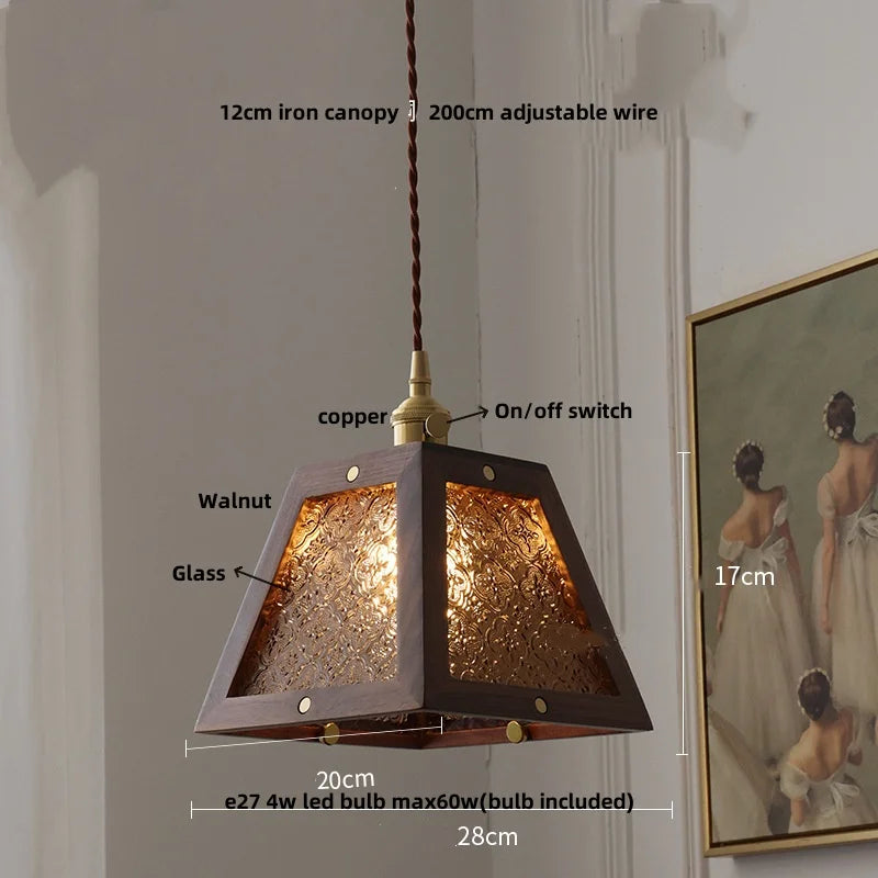 DecorBites™ Glass LED Pendant Lamp Walnut Wood Brass Hanging Lights