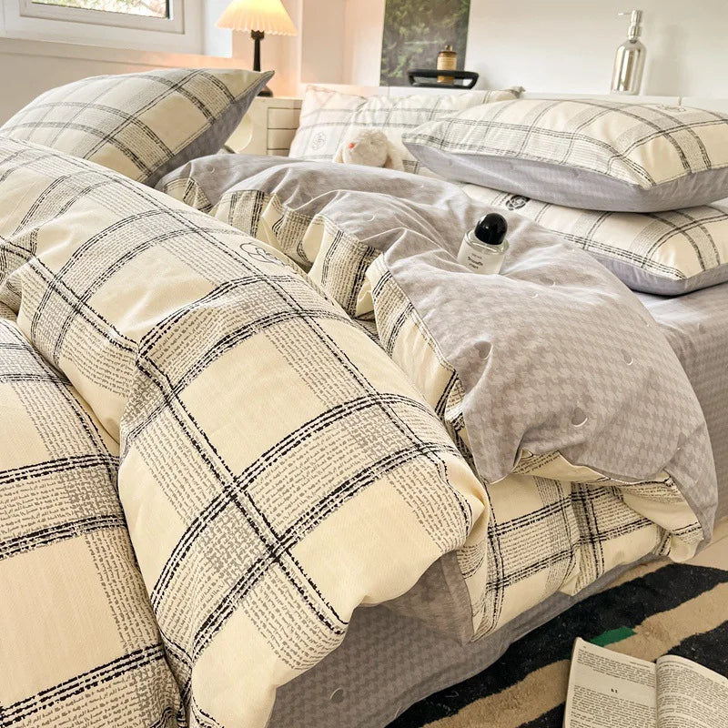 DecorBites™ Grid Print Cotton Bedding Set for Single Double Beds
