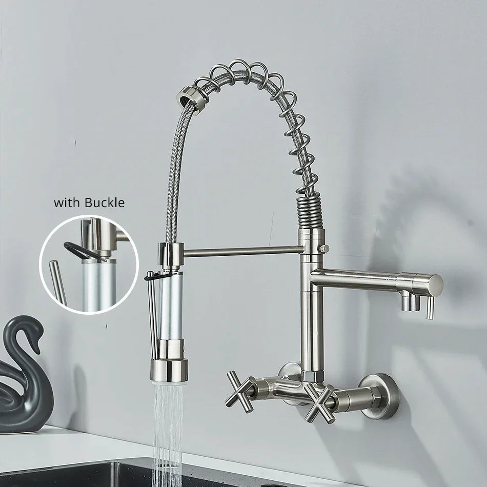 Gold Black Wall Faucet With Dual Swivel Spouts