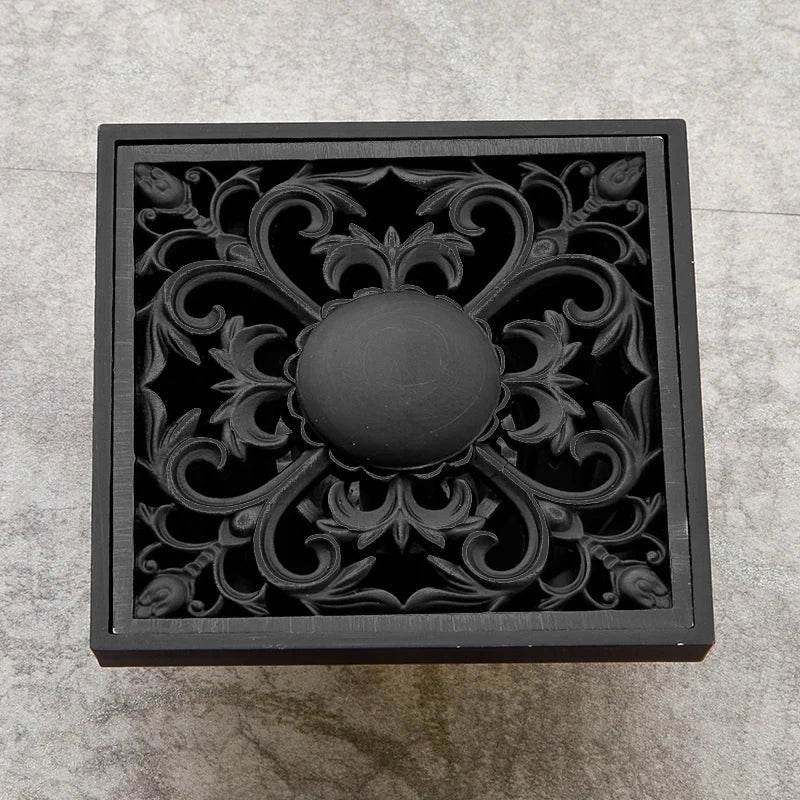 Decorbites™ Schwarze Messing Duschraster Ablauf Abdeckung Boden Quadratisch Kunstvoll Geschnitztes Gitter Becken SY-073R