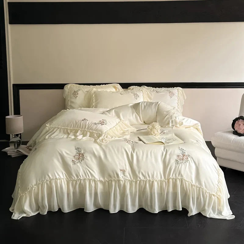 DecorBites™ Flowers Embroidery Lace Ruffles Bedding Set in Soft Lyocell Fabric