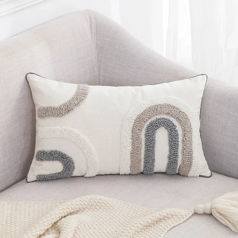 DecorBites™ Geometric Embroidery Tassel Cushion Cover - Grey White Simple Loop Tufted Pillow
