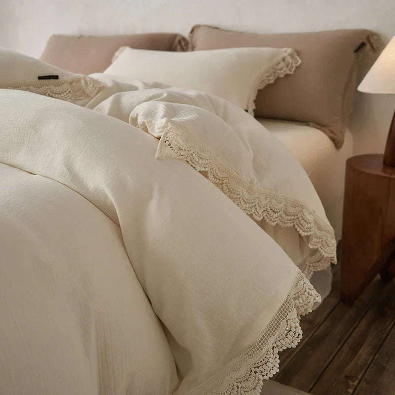 Decorbites™ Baumwoll-Bettwäsche-Set mit Spitzenkante für empfindliche Haut mit Steppdecke, Laken und Kissenbezügen