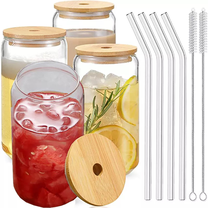 Decorbites™ Glasbecher-Set mit Bambusdeckel: Bubble Tea, Kaffee, Wein, Milchtee-Becher.